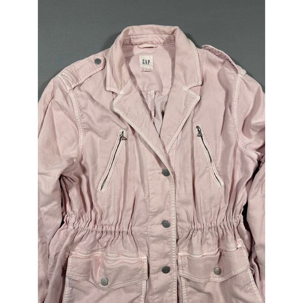 GAP Women's Soft Pink Cotton Jacket Gathered Waist Button Front Sz L - Picture 2 of 7